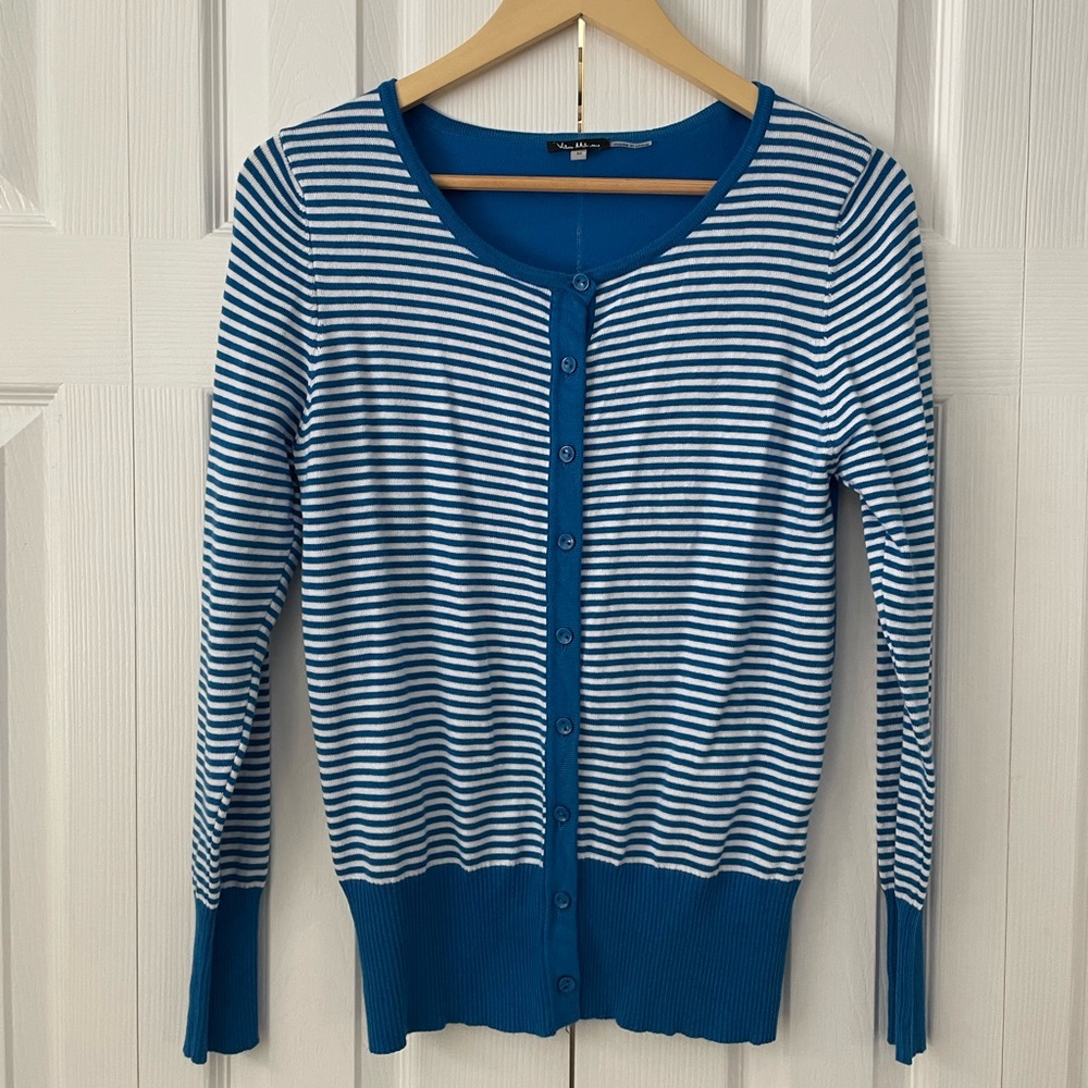NWOT Blue and White Striped Cardigan. Size Medium.